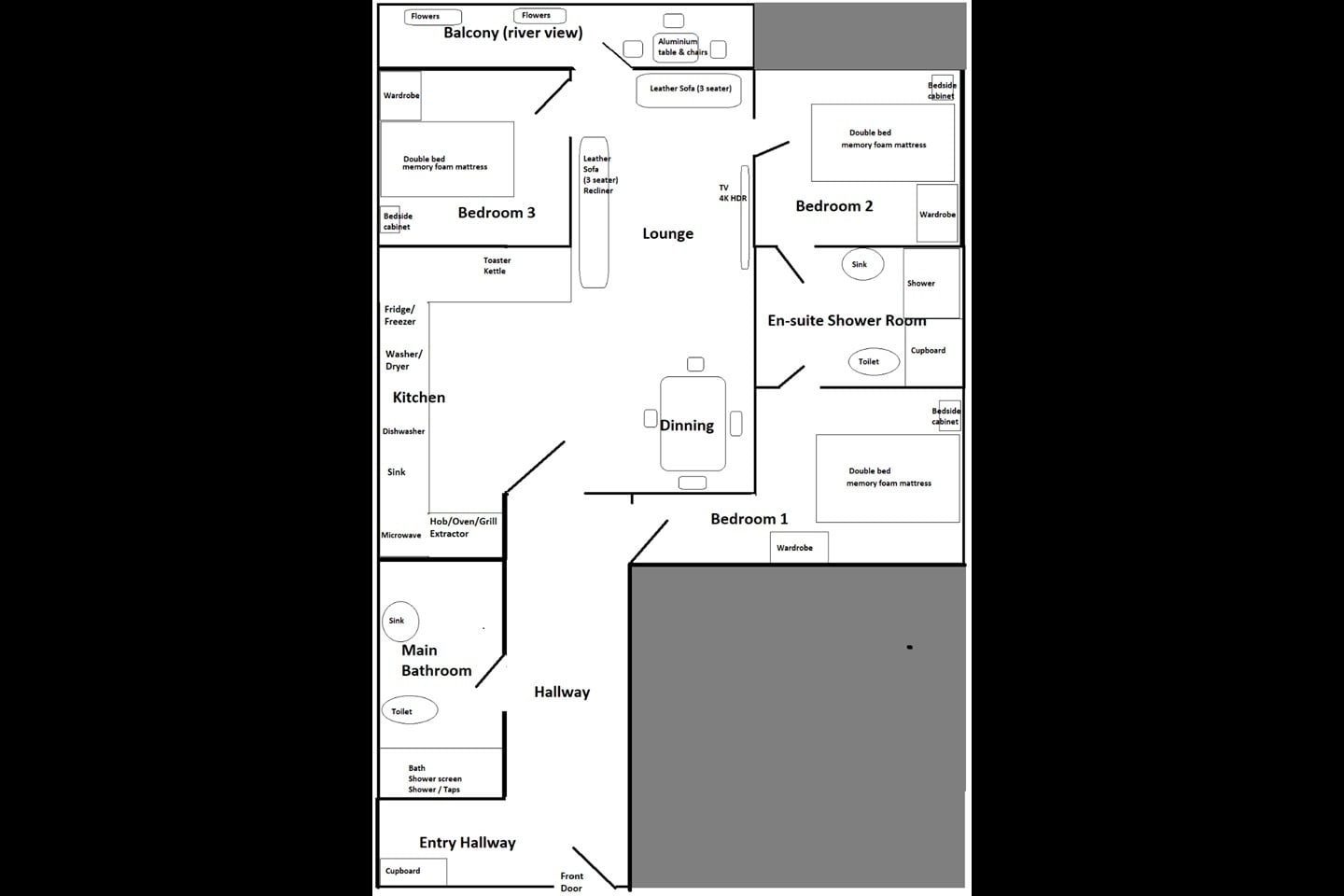Flat #1 — three-bedroom floorplan